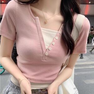 YesStyle crop top, size Small, pink & white, NWT